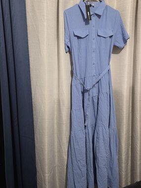 Fashion Nova Light Blue Shirt Maxi Dress with Belt